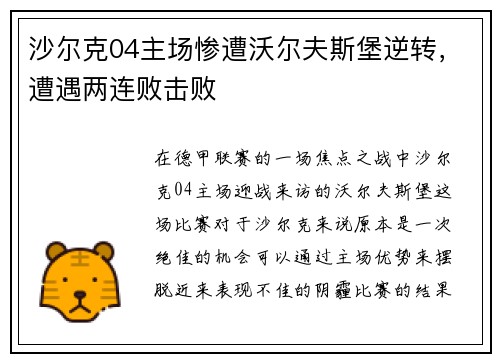 沙尔克04主场惨遭沃尔夫斯堡逆转，遭遇两连败击败