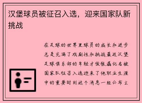 汉堡球员被征召入选，迎来国家队新挑战